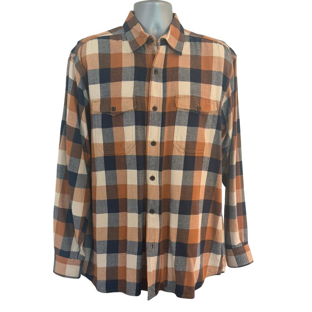 RedHead Men's Large Plaid Flannel Shirt Brown Blue Button Front Long Sleeve1909